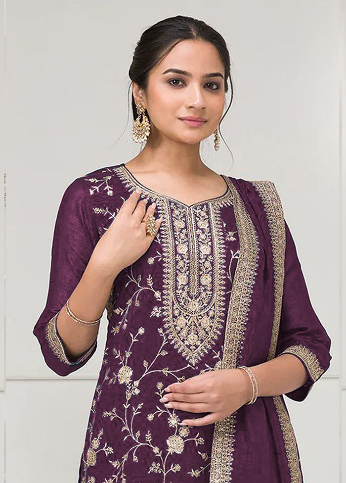 3 Pc Purple Silk Plazzo Suit Set