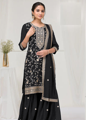 3 Pc Black Silk Plazzo Suit Set
