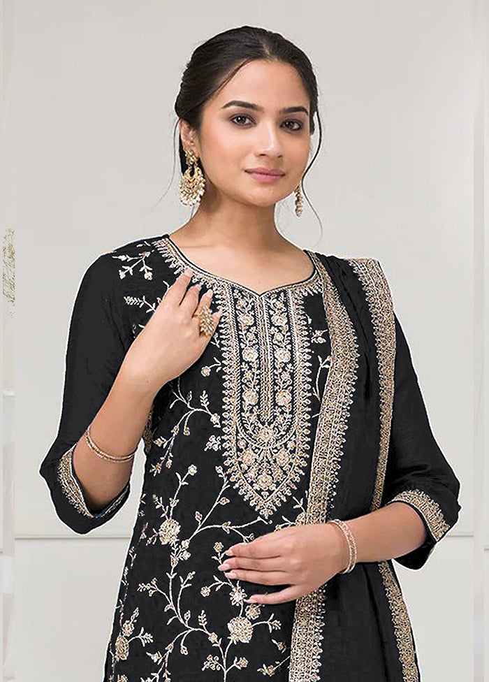 3 Pc Black Silk Plazzo Suit Set