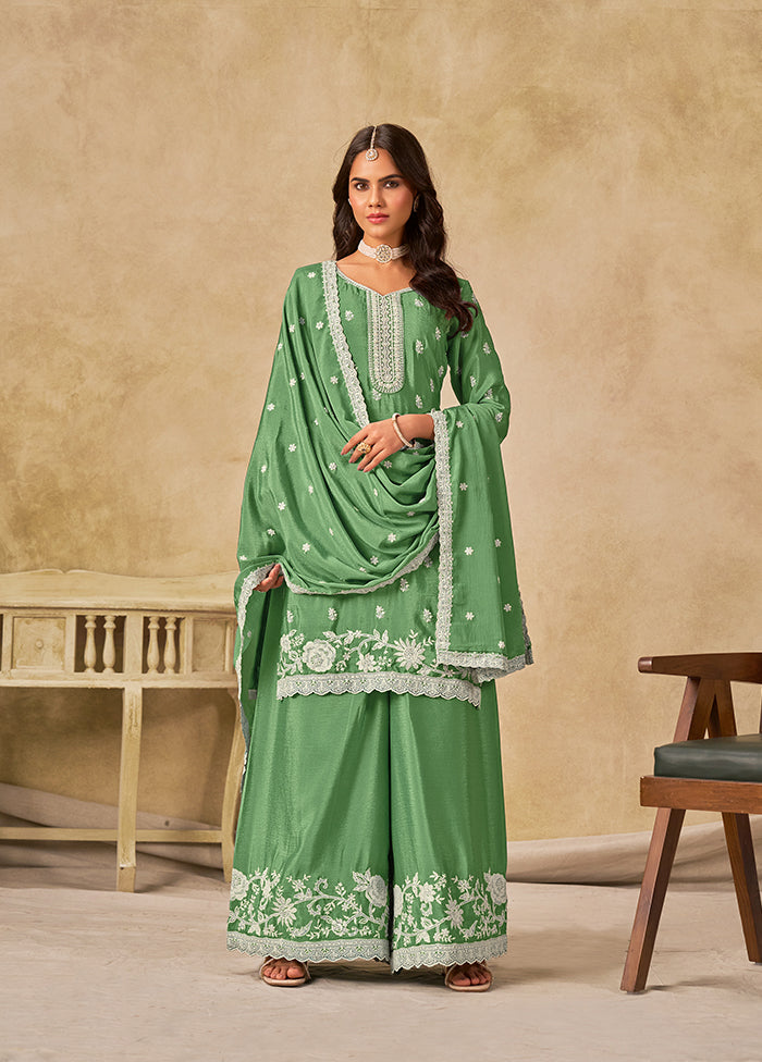 3 Pc Green Silk Plazzo Suit Set