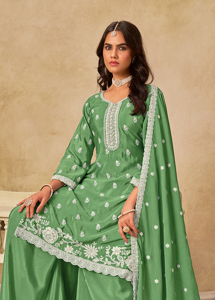 3 Pc Green Silk Plazzo Suit Set