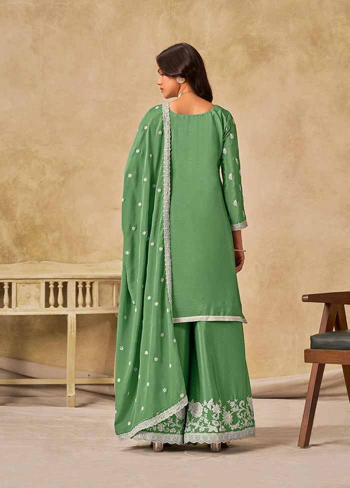 3 Pc Green Silk Plazzo Suit Set