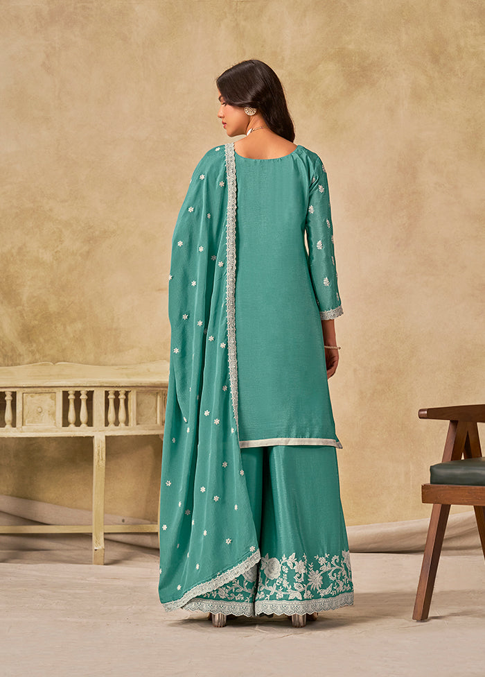 3 Pc Green Silk Plazzo Suit Set