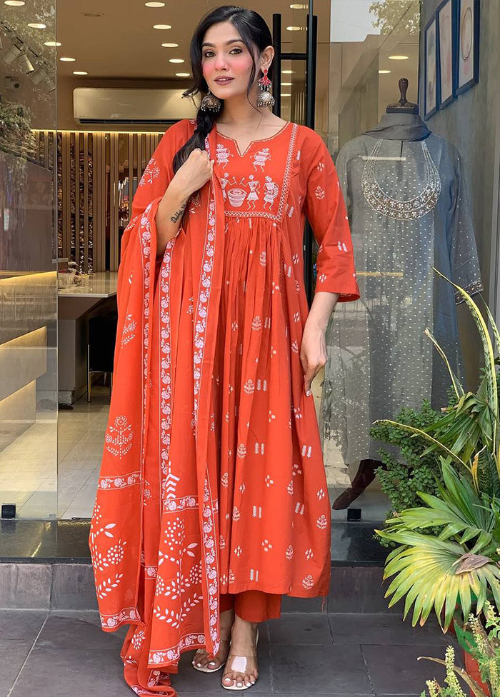 3 Pc Orange Cotton Suit Set