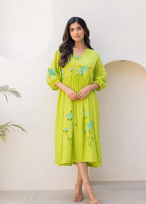 Green Printed Work Silk Kurti