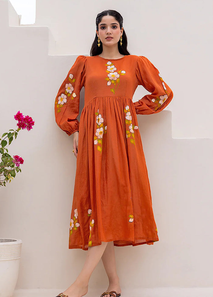 Orange Printed Work Silk Kurti