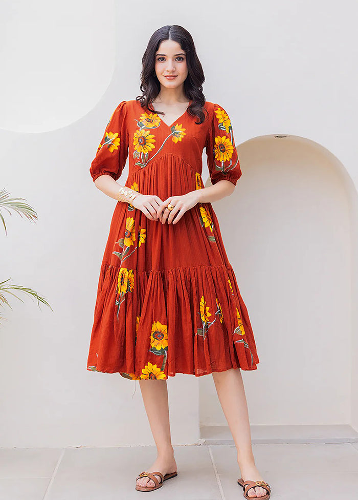 Brown Printed Work Silk Kurti