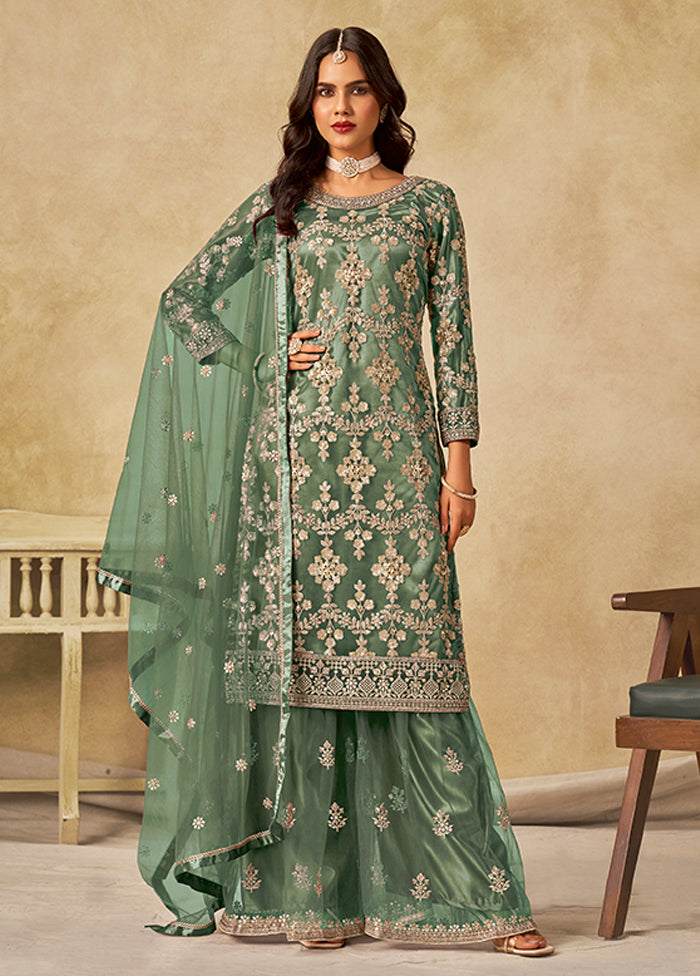 3 Pc Green Silk Plazzo Suit Set
