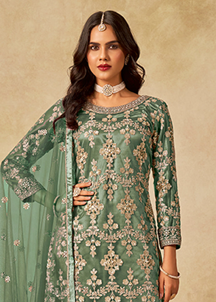 3 Pc Green Silk Plazzo Suit Set