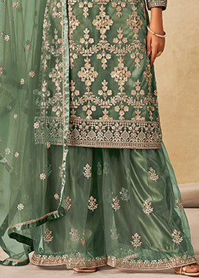 3 Pc Green Silk Plazzo Suit Set