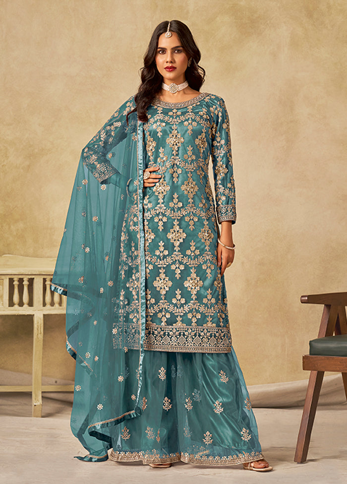 3 Pc Green Silk Plazzo Suit Set