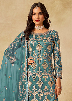 3 Pc Green Silk Plazzo Suit Set