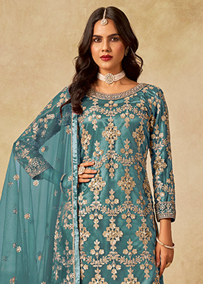 3 Pc Green Silk Plazzo Suit Set