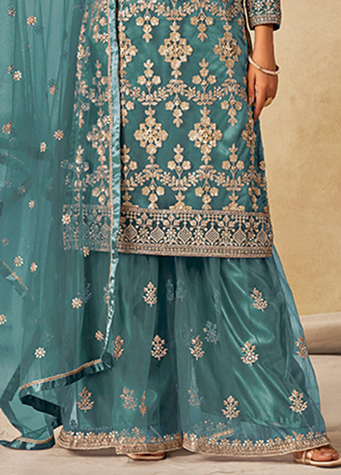 3 Pc Green Silk Plazzo Suit Set