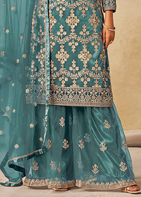 3 Pc Green Silk Plazzo Suit Set