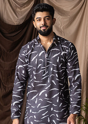 Shubh Labh Jodi – Blue Printed Silk Saree & Black Silk Kurta Set