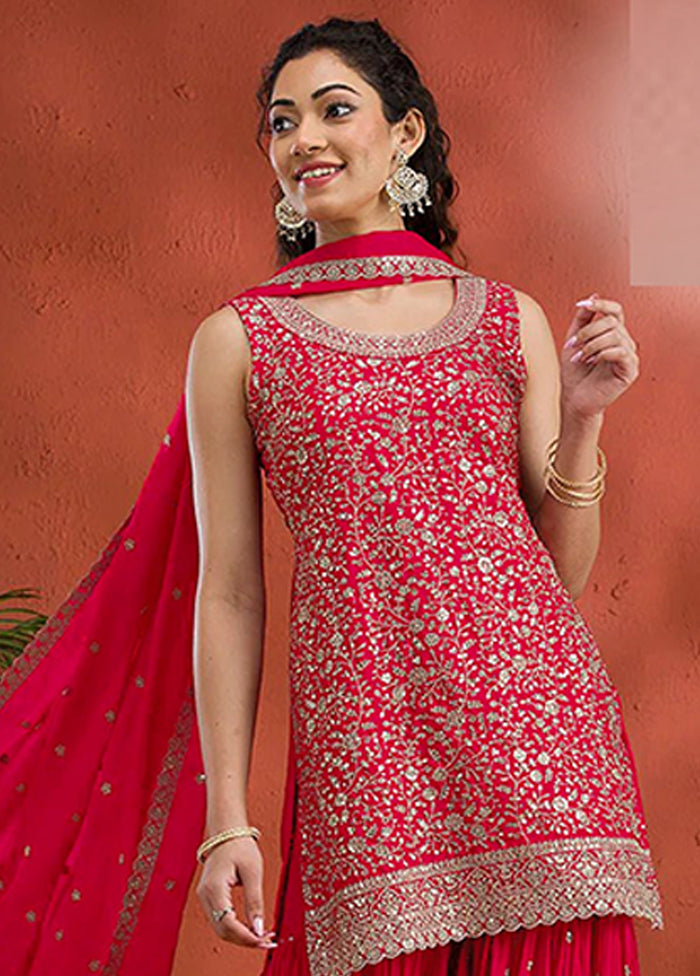 3 Pc Red Georgette Plazzo Suit Set