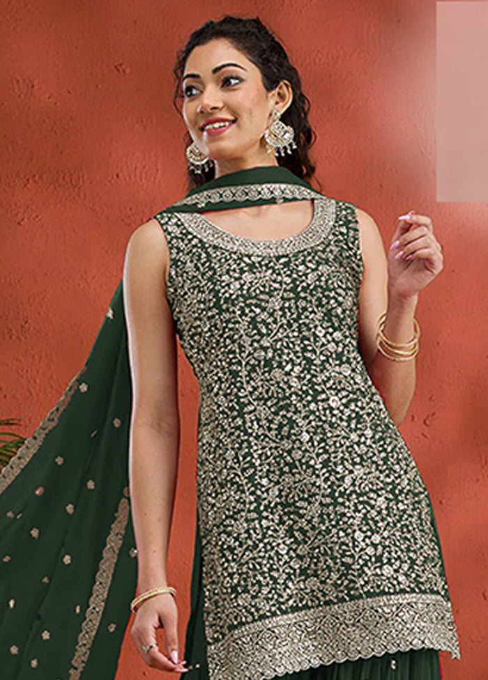 3 Pc Green Georgette Plazzo Suit Set
