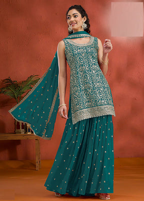 3 Pc Green Georgette Plazzo Suit Set