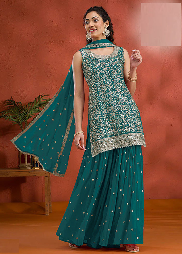 3 Pc Green Georgette Plazzo Suit Set