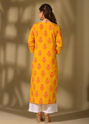 Yellow Printed Work Cotton Kurti