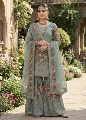 3 Pc Green Silk Sharara Set