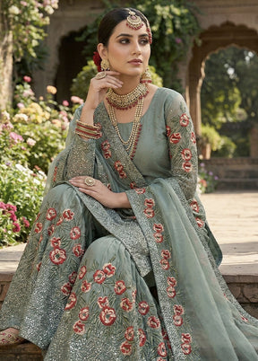 3 Pc Green Silk Sharara Set