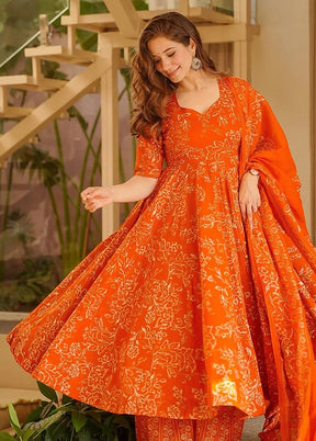 3 Pc Orange Muslin Suit Set