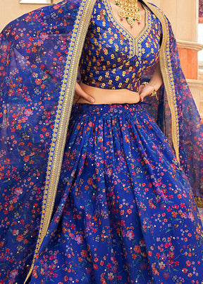 3 Pc Blue Net Semi Stitched Lehenga Set - Indian Silk House Agencies