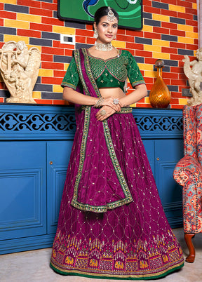 3 Pc Purple Silk Semi Stitched Lehenga Set - Indian Silk House Agencies