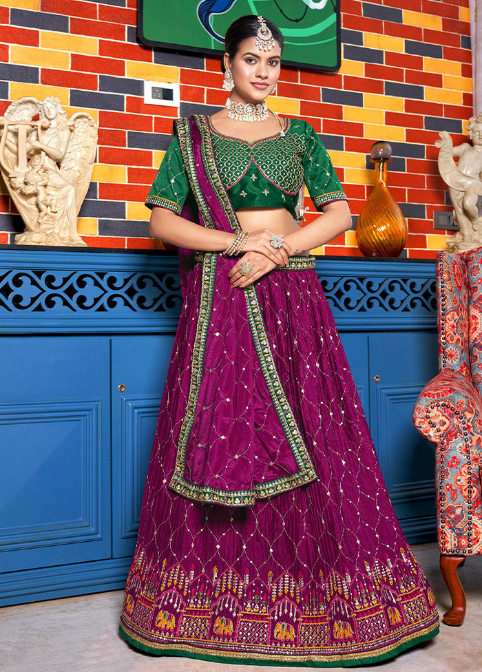 3 Pc Purple Silk Semi Stitched Lehenga Set - Indian Silk House Agencies