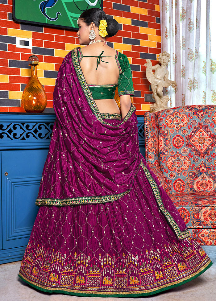3 Pc Purple Silk Semi Stitched Lehenga Set - Indian Silk House Agencies