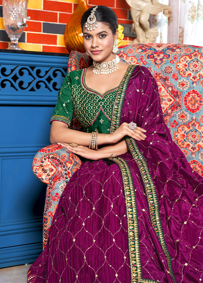 3 Pc Purple Silk Semi Stitched Lehenga Set - Indian Silk House Agencies