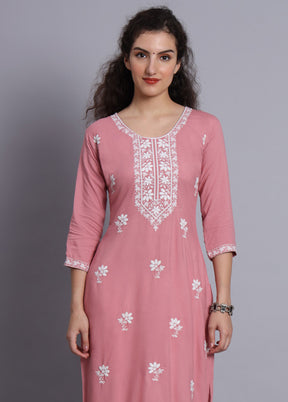 Pink Readymade Rayon Chikankari Kurti - Indian Silk House Agencies
