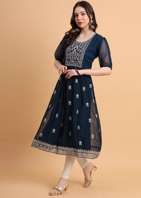 Navy Blue Readymade Georgette Kurti - Indian Silk House Agencies