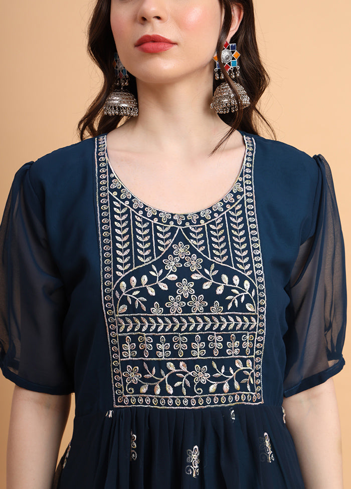 Navy Blue Readymade Georgette Kurti - Indian Silk House Agencies
