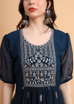 Navy Blue Readymade Georgette Kurti - Indian Silk House Agencies