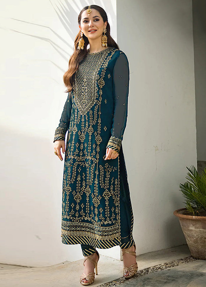 3 Pc Blue Semi Stitched Georgette Suit Set - Indian Silk House Agencies