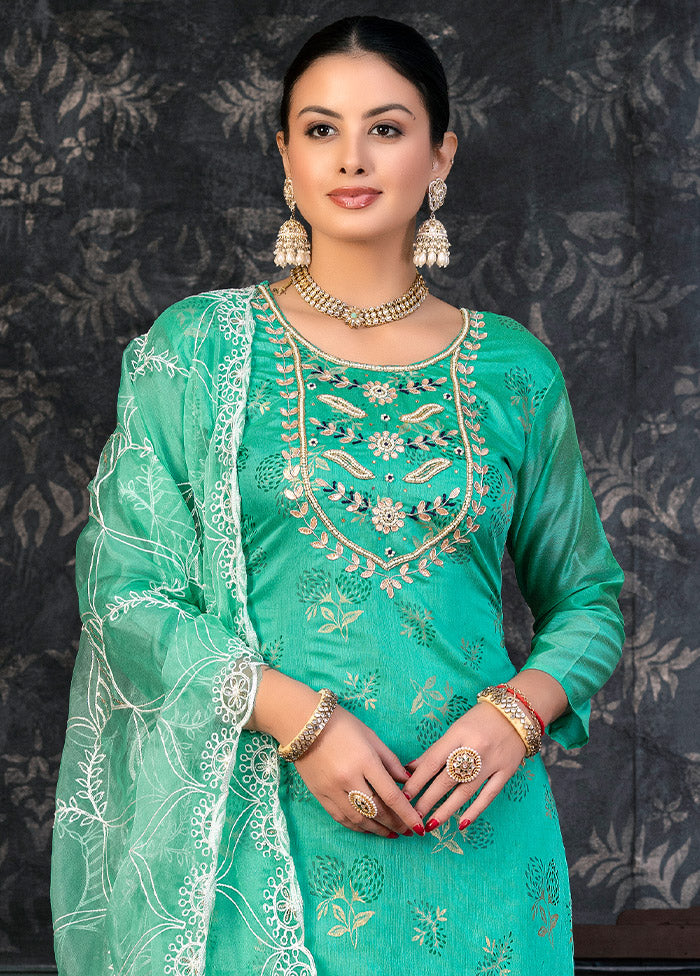 3 Pc Blue Semi Stitched Organza Suit Set - Indian Silk House Agencies