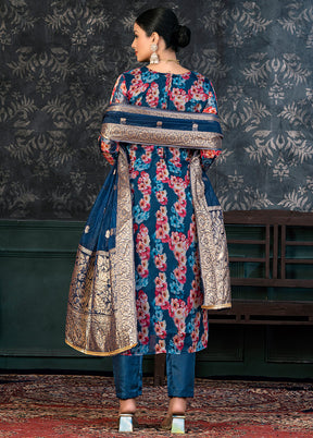 3 Pc Blue Semi Stitched Organza Suit Set - Indian Silk House Agencies