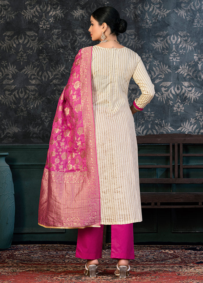 3 Pc Off White Semi Stitched Cotton Suit Set - Indian Silk House Agencies