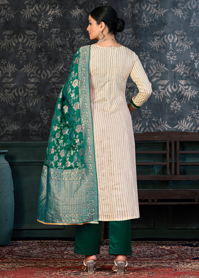 3 Pc Off White Semi Stitched Cotton Suit Set - Indian Silk House Agencies