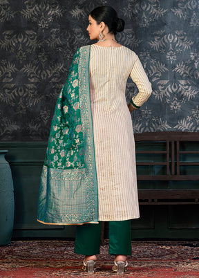 3 Pc Off White Semi Stitched Cotton Suit Set - Indian Silk House Agencies