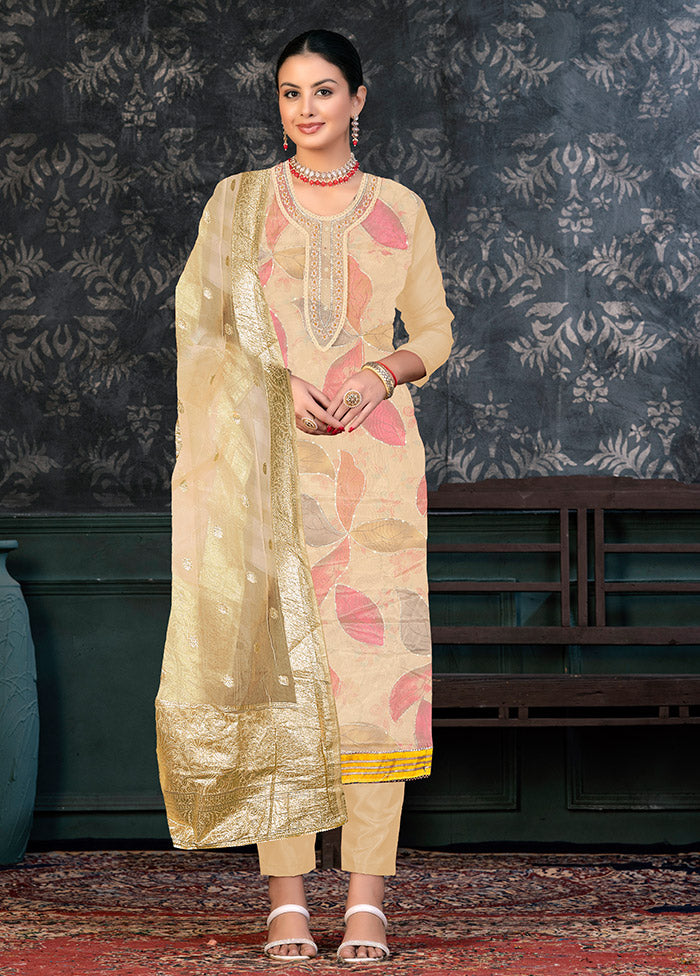 3 Pc Brown Semi Stitched Organza Suit Set - Indian Silk House Agencies
