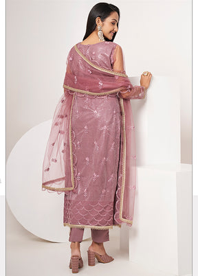 3 Pc Purple Semi Stitched Net Suit Set - Indian Silk House Agencies
