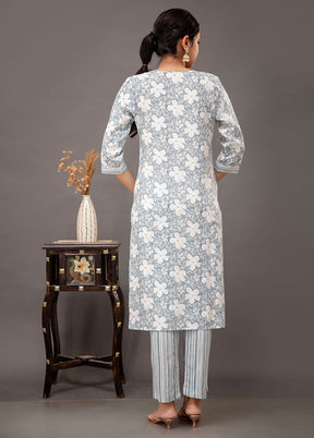 3 Pc Blue Readymade Cotton Suit Set - Indian Silk House Agencies