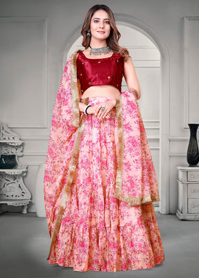 3 Pc Pink Net Semi Stitched Lehenga Set - Indian Silk House Agencies