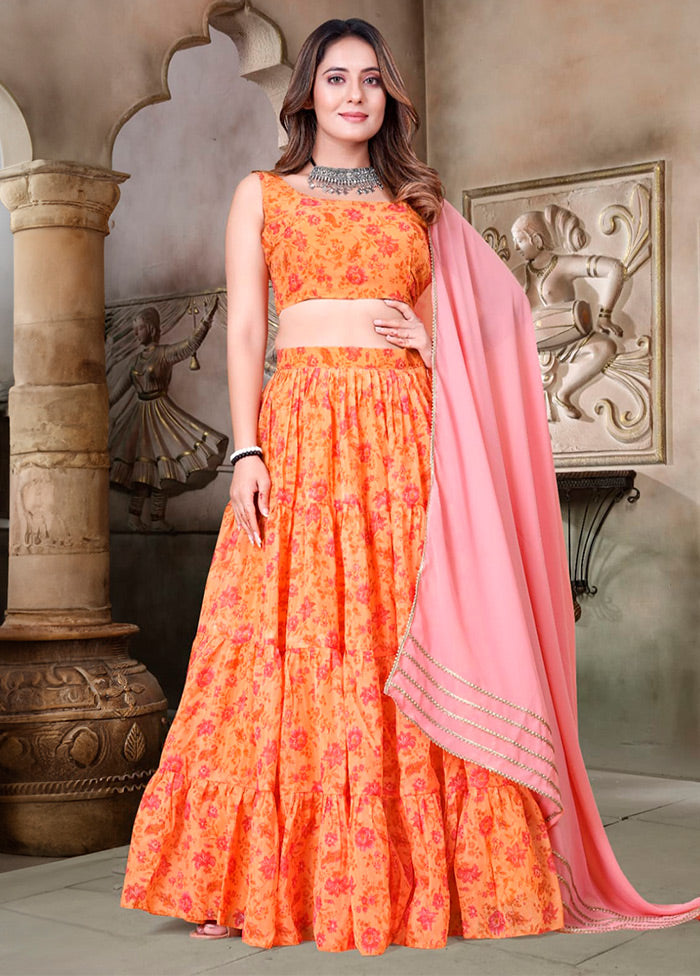 3 Pc Orange Net Semi Stitched Lehenga Set - Indian Silk House Agencies