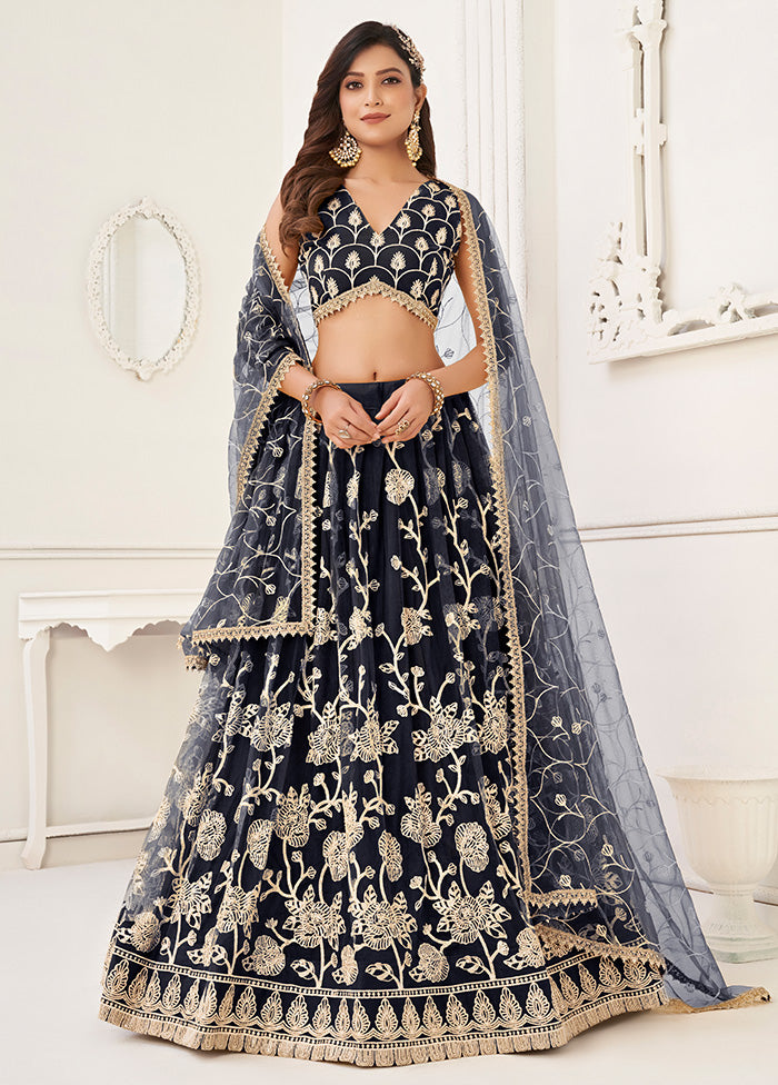 3 Pc Black Net Semi Stitched Lehenga Set - Indian Silk House Agencies