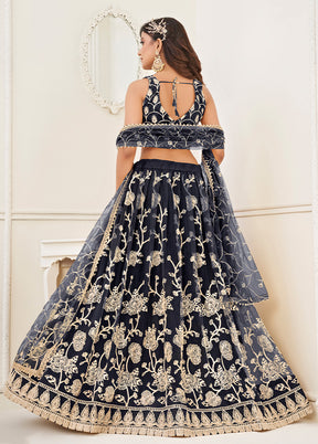 3 Pc Black Net Semi Stitched Lehenga Set - Indian Silk House Agencies
